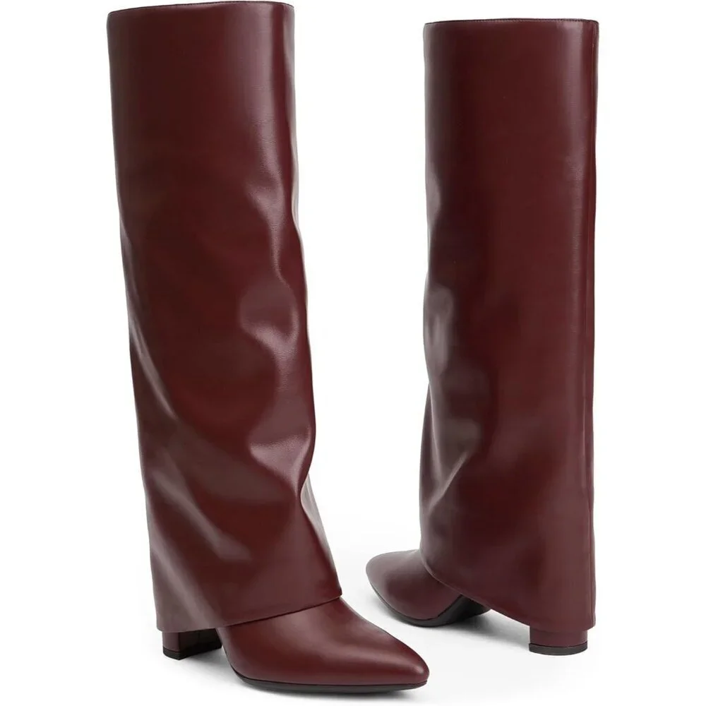 Women Burgundy Pu Faux Leather Fold Over Knee High Chunky High Heels Long Boot